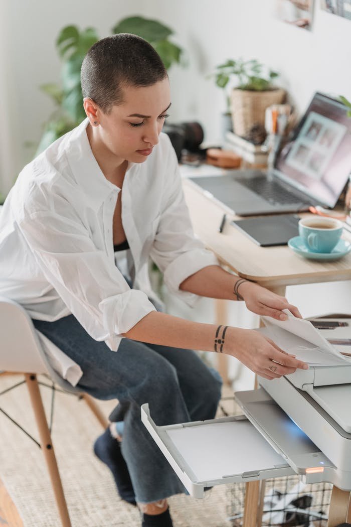 A young woman uses a printer in her modern home office with a laptop and cup of coffee.